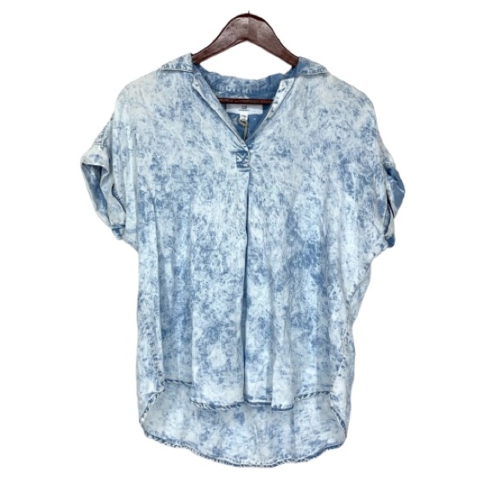 Thread & Supply Retro Acid Wash Blue Cuffed Short Sleeve V-Neck Popover Shirt